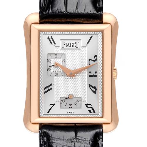 The Piaget G0A33070 Men's Rose Gold Silver Dial G0A33070 Men's Rose Gold Silver Dial Black Tie Emperador Coussin watch is shown from the front, highlighting its rose gold case, silver dial, and black strap.