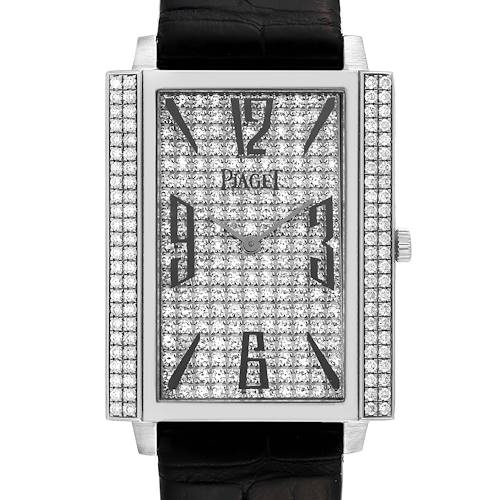 The Piaget P10291 Women's White Gold Silver Dial P10291 Women's White Gold Silver Dial Black Tie White Gold Diamond Ladies Watch model P10291 Card is shown from a front angle.
