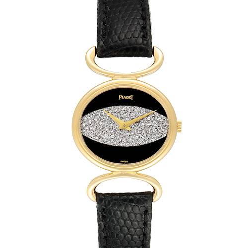 The image shows a front view of the Piaget 9802 Women's Yellow Gold Black Dial 9802 Women's Yellow Gold Black Dial Classique Yellow Gold Onix Diamond Dial Vintage Ladies Watch 9802, highlighting the dial, case, and straps.