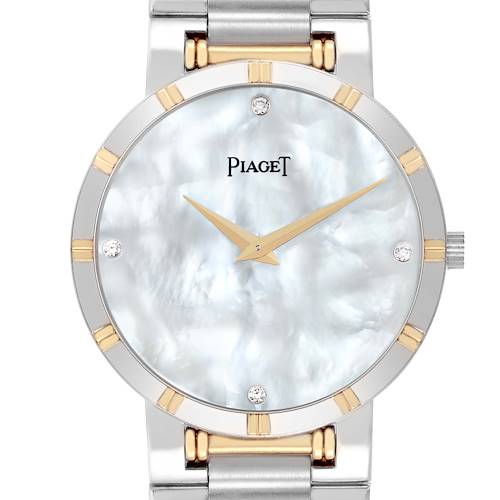 The Piaget 94023K81 Women's Steel and Gold (two tone) Mother of Pearl Dial Dancer Midsize Steel Yellow Gold MOP Diamond Ladies Watch 94023 is shown from the front, highlighting the face and bezel.