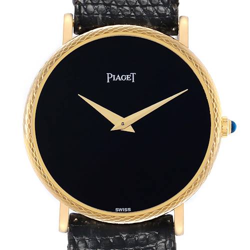 The Piaget 9026 Women's Yellow Gold Black Dial Dancer Vintage 9026 watch is shown from the front, displaying its black dial and yellow gold case.