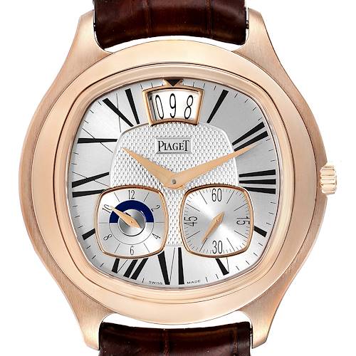 This image shows a frontal view of the Piaget G0A32017 Men's Rose Gold Silver Dial G0A32017 Men's Rose Gold Silver Dial Emperador P10350 G0A32017 watch, highlighting the dial, rose gold case, and brown strap.
