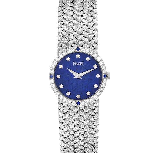 The Piaget 9706D2 Women's White Gold Blue Dial 9706D2 Women's White Gold Blue Dial Tradition White Gold Diamond Dial Vintage Ladies Watch 9706D2 is shown from the front, displaying the dial and bracelet.
