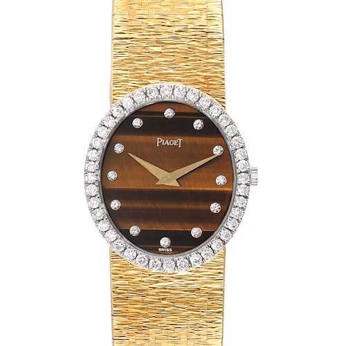 The image shows a front view of the Piaget 9826-A-6 Women's Yellow Gold Brown Dial 9826-A-6 Women's Yellow Gold Brown Dial 9826 Yellow Gold Diamond Tiger Eye Stone Dial Vintage Cocktail Ladies Watch.