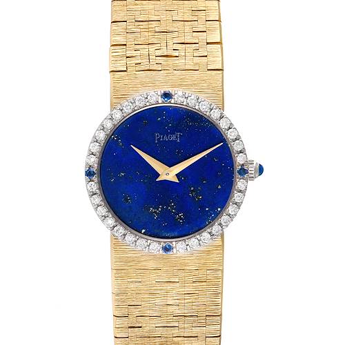 The image shows a top view of the Piaget 9706-A-6 Women's Yellow Gold Blue Dial 9706-A-6 Women's Yellow Gold Blue Dial model 9706 Yellow Gold Lapis Stone Dial Diamond Sapphire Vintage Cocktail Watch.