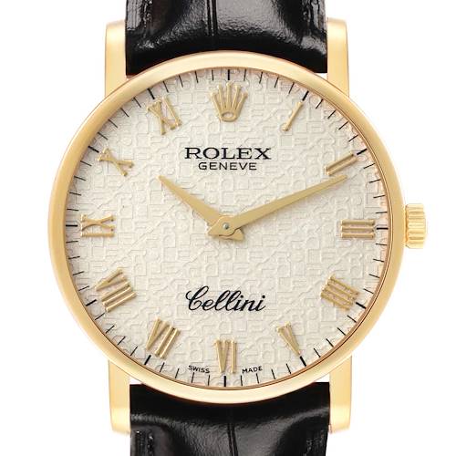 The Rolex Cellini 5115 Men's Yellow Gold Beige Dial watch is shown from the front, featuring its face, hands, hour markers, and part of the strap.