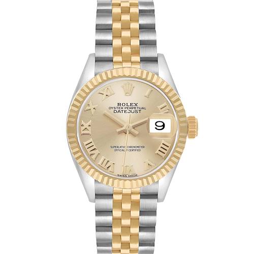 The Rolex Datejust 279173 Women's Steel and Gold (two tone) Champagne Dial is shown from a front angle, displaying the dial, bezel, crown, and two-tone bracelet.