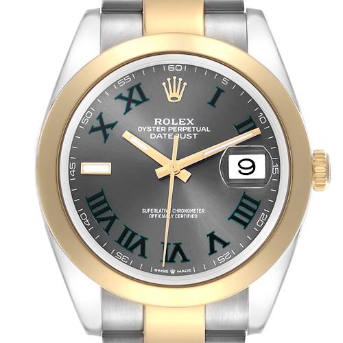 The Rolex Datejust 41 126303 Men's Steel and Gold (two tone) Grey Dial 126303 Men's Steel and Gold (two tone) Grey Dial watch is shown from the front, highlighting its dial, bezel, and part of the bracelet.