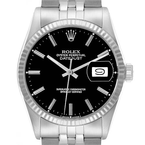 The Rolex Vintage Collection 16014 Men's Stainless Steel Black Dial model is shown from a frontal angle, displaying its face, bezel, crown, and part of the bracelet.