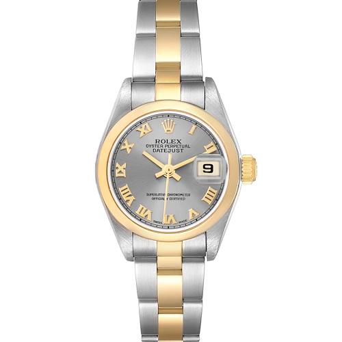 The Rolex Datejust model 79163 is shown from a front angle, highlighting its gray dial, gold hour markers, two-tone bracelet, and date window.