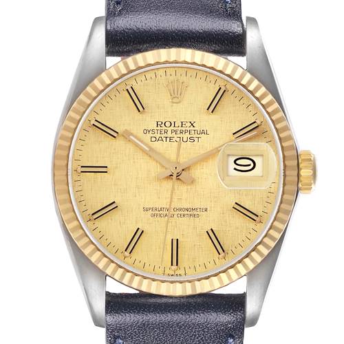 The Rolex Vintage Collection 16013 Men's Steel and Gold (two tone) Champagne Dial model watch is shown from a frontal angle, highlighting the gold dial, fluted bezel, and date display.