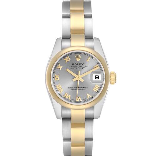 The Rolex Datejust 179163 Women's Steel and Gold (two tone) Grey Dial 179163 Women's Steel and Gold (two tone) Grey Dial watch is shown from a top-down angle, highlighting the dial, bezel, bracelet, and crown.