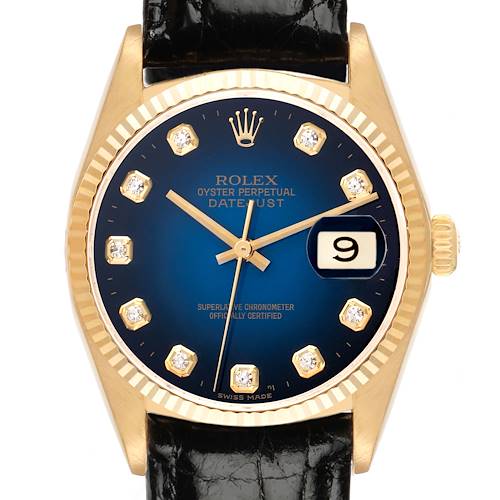The Rolex Vintage Collection 16018 Men's Yellow Gold Blue Dial 16018 Men's Yellow Gold Blue Dial watch is shown from the front, displaying the dial, hands, hour markers, and date magnifier.