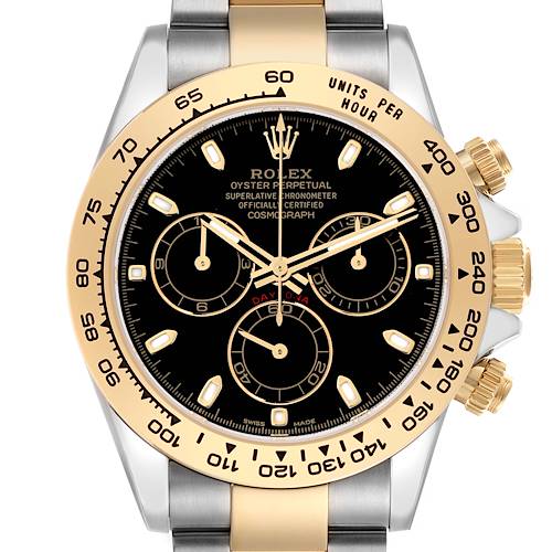 The Rolex Daytona 116503 Men's Steel and Gold (two tone) Black Dial watch is shown from the front, highlighting the bezel, dial, subdials, and two-tone bracelet.