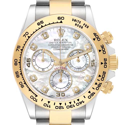 The Rolex Daytona 116503 Men's Steel and Gold (two tone) Mother of Pearl Dial watch is shown from a front angle, displaying the face, bezel, and chronograph dials.