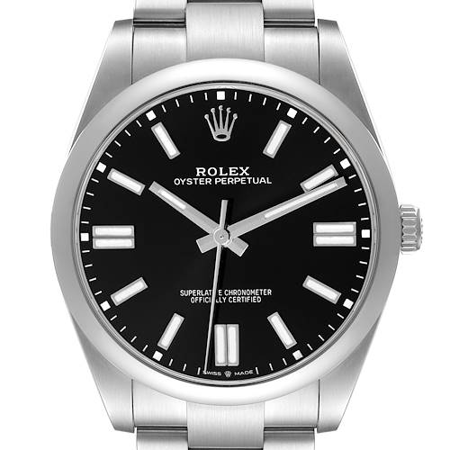 The image shows a front view of a Rolex Oyster Perpetual model 124300 men's watch, highlighting the dial, hands, markers, and part of the bracelet.