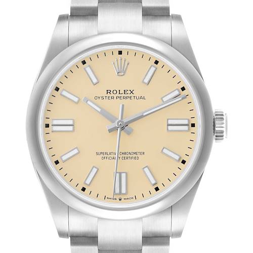 The Rolex Oyster Perpetual 134300 Men's Stainless Steel Beige Dial watch is shown from the front, highlighting the dial, bezel, and part of the bracelet.