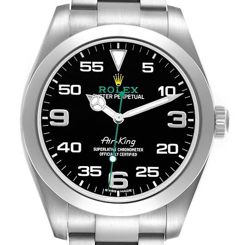 The image shows a front view of the Rolex Air-King 116900 Men's Stainless Steel Black Dial 116900 Men's Stainless Steel Black Dial watch, displaying its bezel, dial, crown, and bracelet.