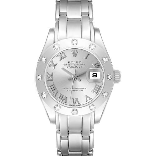 This is a front view of the Rolex Pearlmaster 69319 Women's White Gold Silver Dial 69319 Women's White Gold Silver Dial watch, showcasing the dial, bracelet, bezel, and date window.