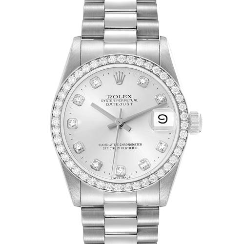 The image shows a Rolex President 68286 Women's Platinum Silver Dial model watch from the front, highlighting its dial, diamond hour markers, date display, and bracelet.