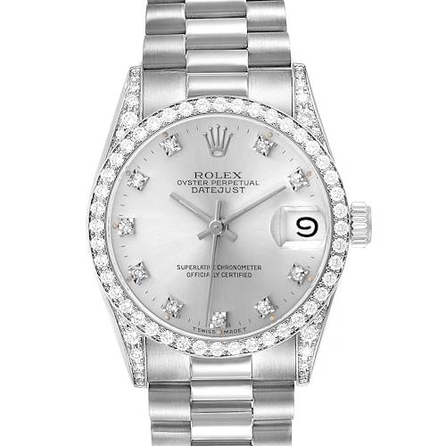 The Rolex President 68159 Women's White Gold Silver Dial 68159 Women's White Gold Silver Dial model is shown from a top view, highlighting the diamond-encrusted bezel, dial, and bracelet.