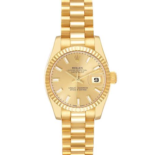 The Rolex President 179178 Women's Yellow Gold Champagne Dial 179178 Women's Yellow Gold Champagne Dial watch is shown from a top-down angle, displaying its gold dial, fluted bezel, and President bracelet.
