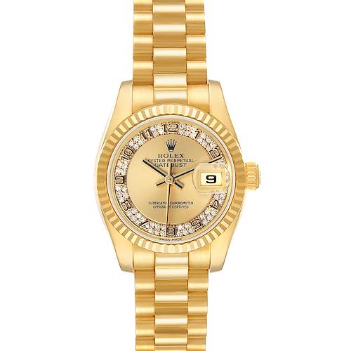 This Rolex President 179178 Women's Yellow Gold Champagne Dial watch is shown from a top-down angle, displaying the face, dial, bezel, and bracelet.