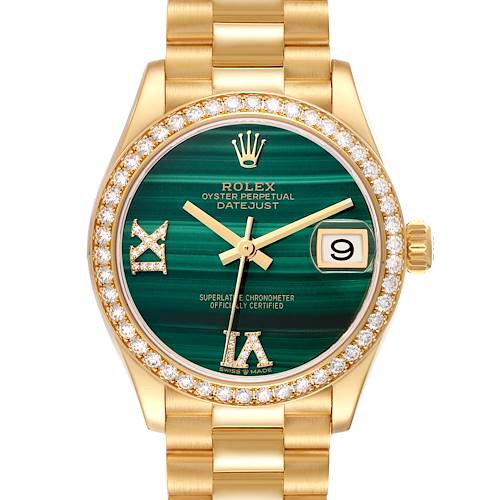 The Rolex President 278288RBR Women's Yellow Gold Green Dial 278288RBR Women's Yellow Gold Green Dial model is shown from the front, highlighting its gold bracelet, green dial, date window, and diamond bezel.