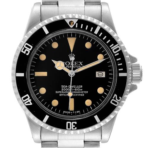 The image shows a frontal view of the Rolex Vintage Collection 1665 Men's Stainless Steel Black Dial 1665 Men's Stainless Steel Black Dial Sea-Dweller watch, including its dial, bezel, and part of the bracelet.