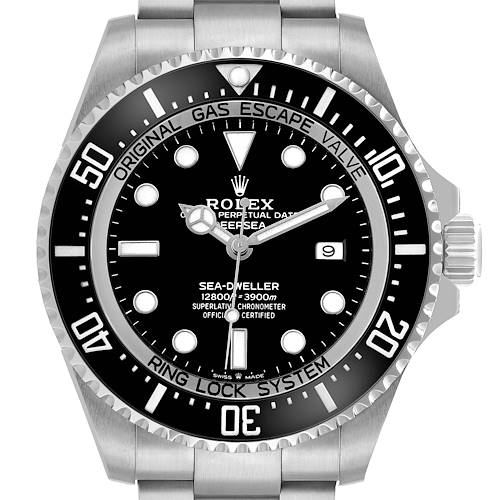 The Rolex Sea-Dweller 126660 Men's Stainless Steel Black Dial watch is shown from a frontal angle, displaying the dial, bezel, and bracelet.
