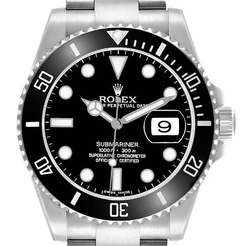 The Rolex Submariner 116610 Men's Stainless Steel Black Dial is shown from the front, displaying its bezel, dial, hands, and date window.