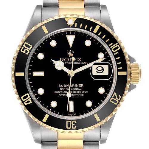 The Rolex Submariner model 16613 is shown from a front angle, highlighting the black dial, gold accents, and the date window prominently.