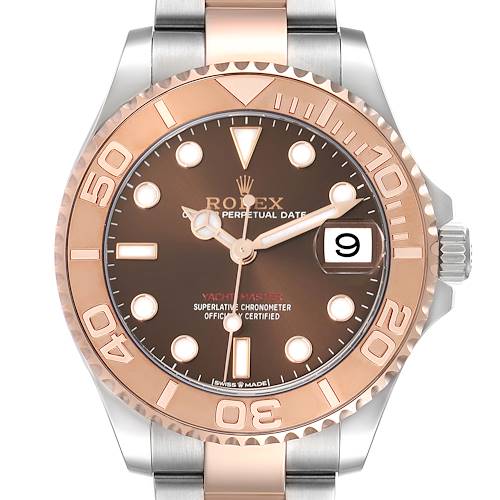 The image shows a front view of a Rolex Yacht-Master 268621 Men's Steel and Gold (two tone) Brown Dial 268621 Men's Steel and Gold (two tone) Brown Dial watch, highlighting the bezel, dial, hands, and date window.