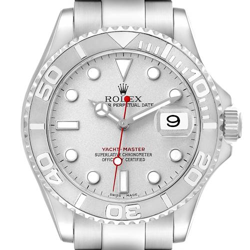 The Rolex Yacht-Master 16622 Men's Stainless Steel Silver Dial watch is shown from a front angle, displaying the bezel, dial, hands, date window, and part of the bracelet.