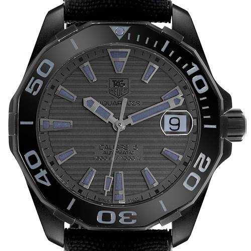 The Tag Heuer Aquaracer WAY218B.FC6364 Men's Stainless Steel Black Dial WAY218B.FC6364 Men's Stainless Steel Black Dial watch is shown from a frontal angle, displaying the dial, hands, bezel, date, and part of the strap.