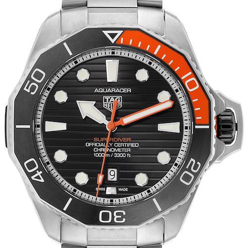 The Tag Heuer Aquaracer WBP5A8A Men's Stainless Steel Black Dial WBP5A8A Men's Stainless Steel Black Dial watch is shown from the front, highlighting the bezel, dial, hands, and date display.