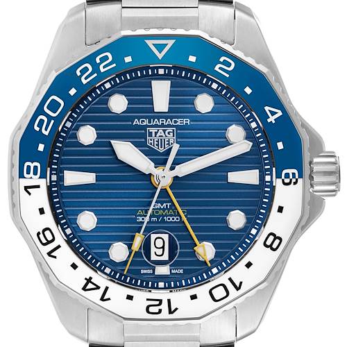 The Tag Heuer Aquaracer WBP2010 Men's Stainless Steel Blue Dial watch is shown from a front angle, highlighting its face, bezel, and crown.