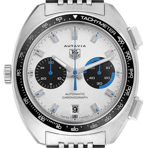 The Tag Heuer Autavia CY2110 Men's Stainless Steel White Dial watch is shown from a front view, highlighting its dial, tachymeter, and chronograph features.