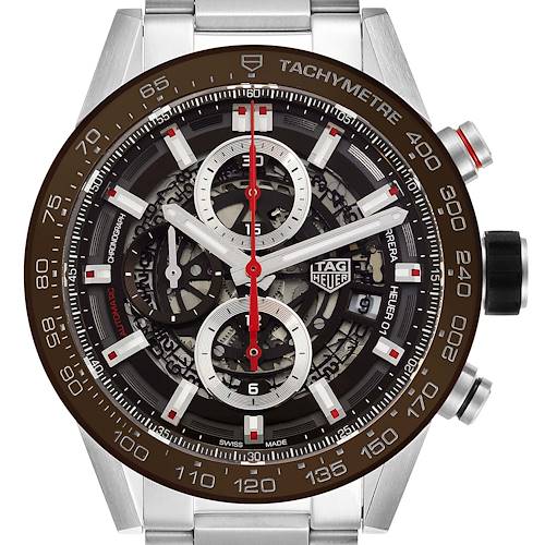 The image shows a close-up of the face of a Tag Heuer Carrera CAR201U.BA0766 Men's Stainless Steel Brown Dial CAR201U.BA0766 Men's Stainless Steel Brown Dial watch, including its tachymeter scale and chronograph subdials.