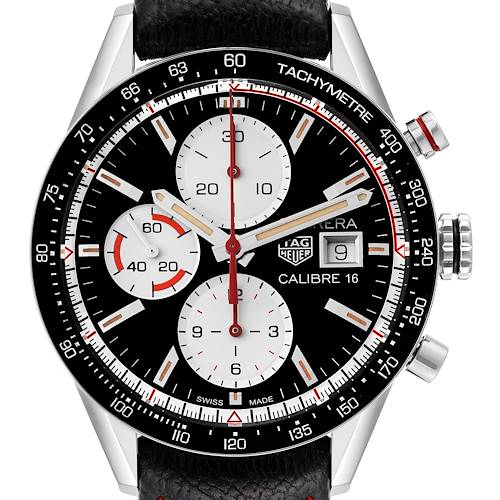 The image shows the dial, bezel, and crown of a Tag Heuer Carrera CV201AP.FC6429 Men's Stainless Steel Black Dial CV201AP.FC6429 Men's Stainless Steel Black Dial watch with a tachymeter and leather strap.