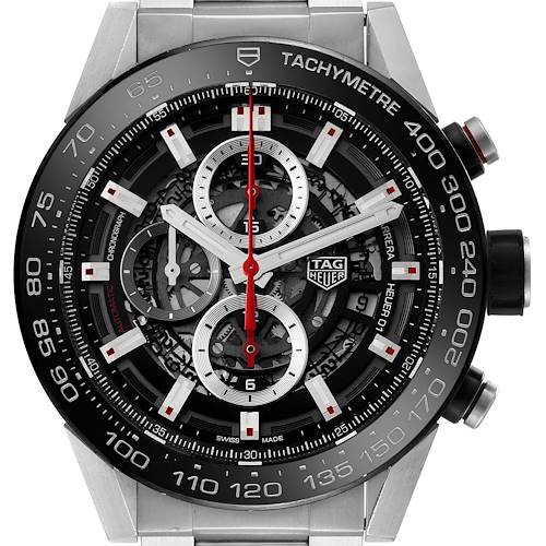 The image shows a frontal view of the Tag Heuer Carrera CAR2A1Z.FT6044 Men's Stainless Steel Black Dial CAR2A1Z.FT6044 Men's Stainless Steel Black Dial watch, highlighting its tachymeter, chronograph, and intricate dial design.