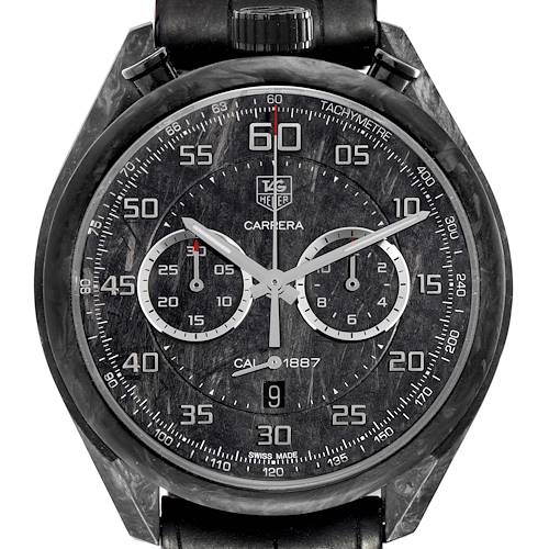 The image shows the front view of a Tag Heuer Carrera model CAR2C90.FC6341 men's watch, highlighting the dial, subdials, and tachymeter bezel.