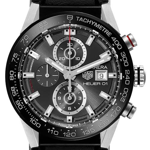 The image shows a close-up, front view of the dial and bezel of the Tag Heuer Carrera CAR201W Men's Stainless Steel Black Dial CAR201W Men's Stainless Steel Black Dial model watch.