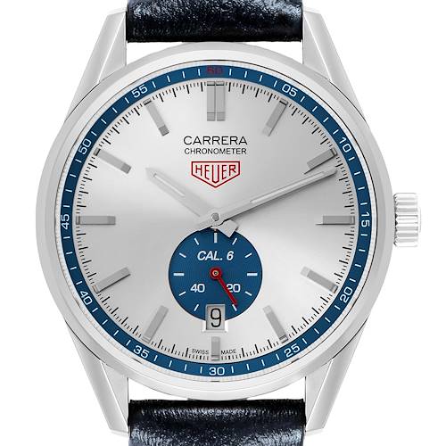 The Tag Heuer Carrera WV5111.FFC6350 Men's Stainless Steel Silver Dial watch is shown from the front, displaying its face, bezel, crown, and part of the strap.