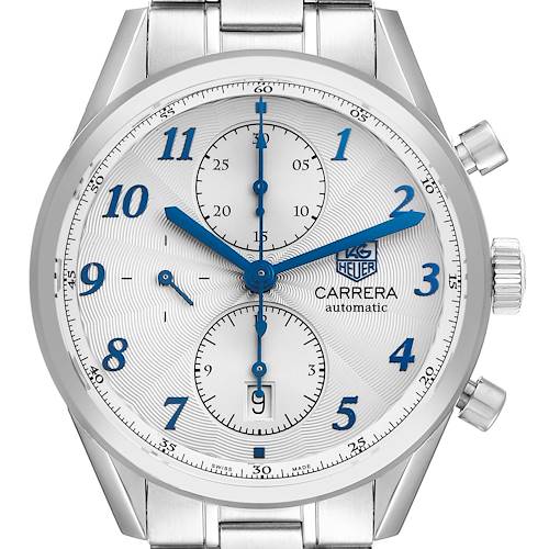 The Tag Heuer Carrera CAS2111 BA0730 Men's Stainless Steel Silver Dial CAS2111 BA0730 Men's Stainless Steel Silver Dial watch is shown from a front angle, displaying its face, hands, crown, and part of the metal bracelet.