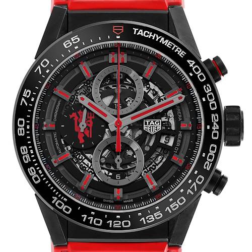 The Tag Heuer Carrera CAR2A1J.FC6416 Men's Stainless Steel Black Dial watch is shown from a top view, displaying its tachymeter and intricate dial design.