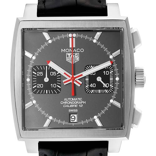 The image shows a close-up of the Tag Heuer Monaco CAW211J.FC6476 Men's Stainless Steel Grey Dial CAW211J.FC6476 Men's Stainless Steel Grey Dial watch face, displaying dials, hands, and the crown.