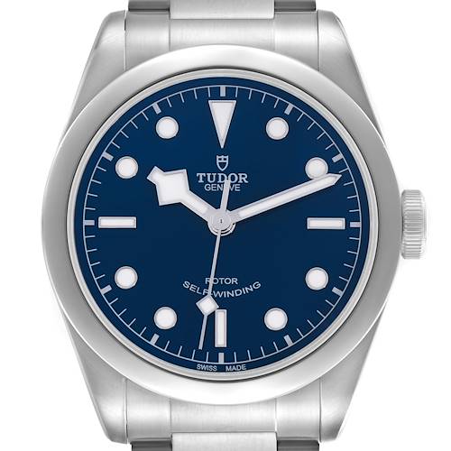 The Tudor Heritage Black Bay 79540 Men's Stainless Steel Blue Dial 79540 Men's Stainless Steel Blue Dial watch is shown from a front angle, displaying its dial, hands, crown, and case.