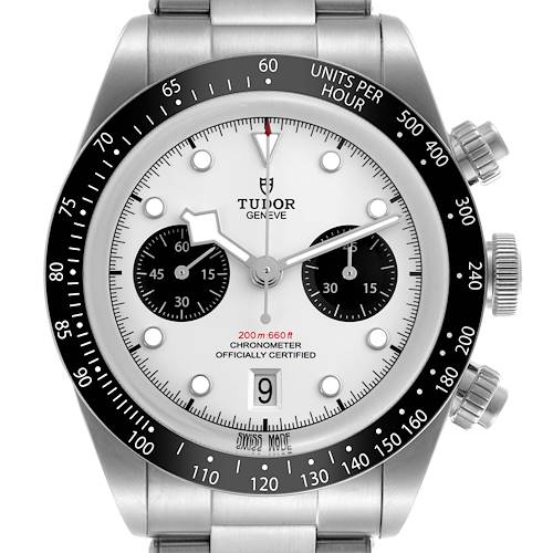 The Tudor Heritage Black Bay 79360N Men's Stainless Steel Silver Dial 79360N Men's Stainless Steel Silver Dial watch is shown from the front, displaying the dial, bezel, sub-dials, and crown.