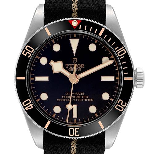 The Tudor Heritage Black Bay 79030 Men's Stainless Steel Black Dial 79030 Men's Stainless Steel Black Dial watch is shown from a top view, displaying its bezel, dial, hands, and crown.